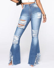 Women Distressed Asymmetrical Fringe Raw Hem Flare Leg High Waist Jeans