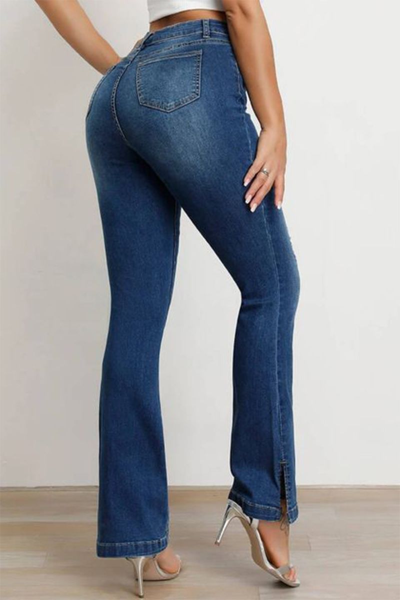 Split Hem Ripped Pocket Detail High Waist Flare Jeans