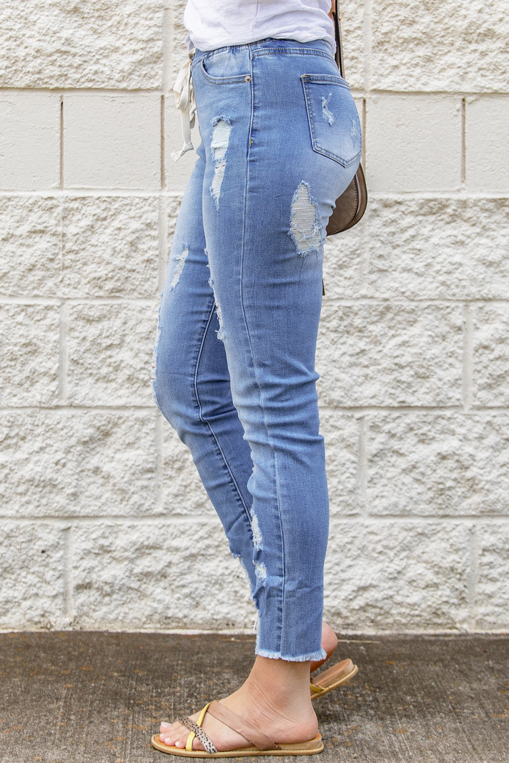 Sky Blue Drawstring Elastic Waist Hole Ripped Jeans