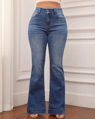 Mid Waist Button Up Waistband Flare Jeans