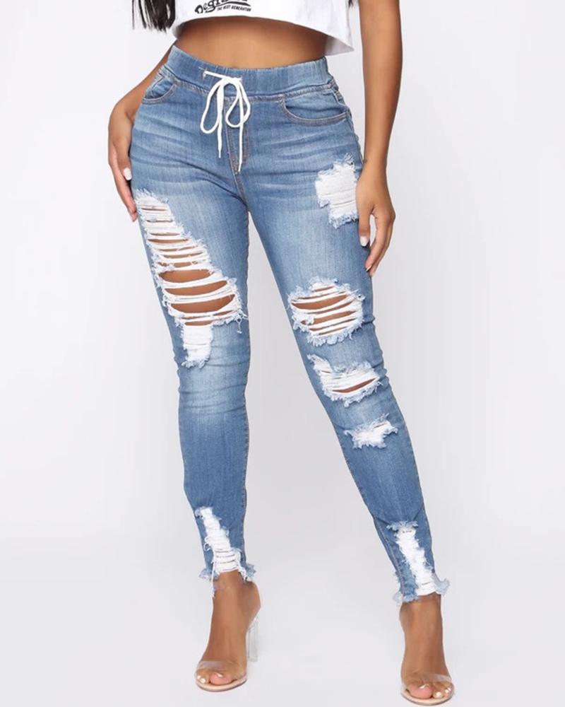 Ripped Distressed Drawstring Skinny Jeans