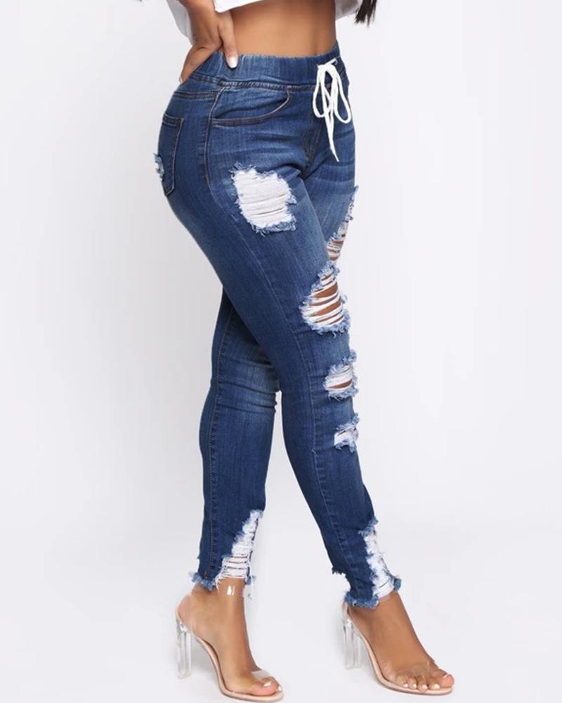 Ripped Distressed Drawstring Skinny Jeans