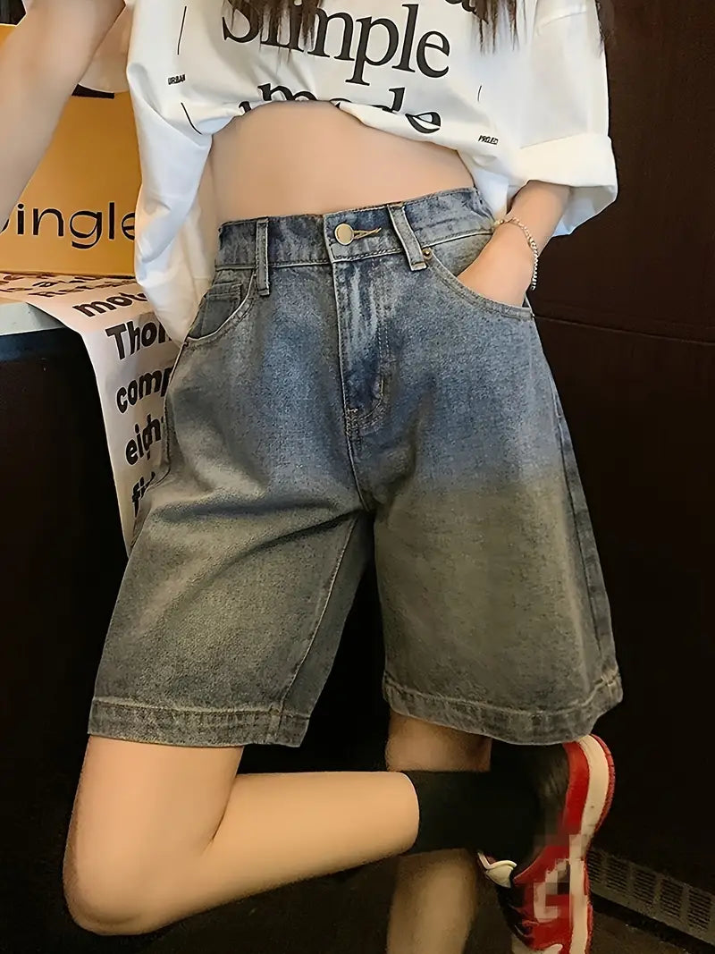 Blue Retro High Rise Wide Leg Denim Shorts