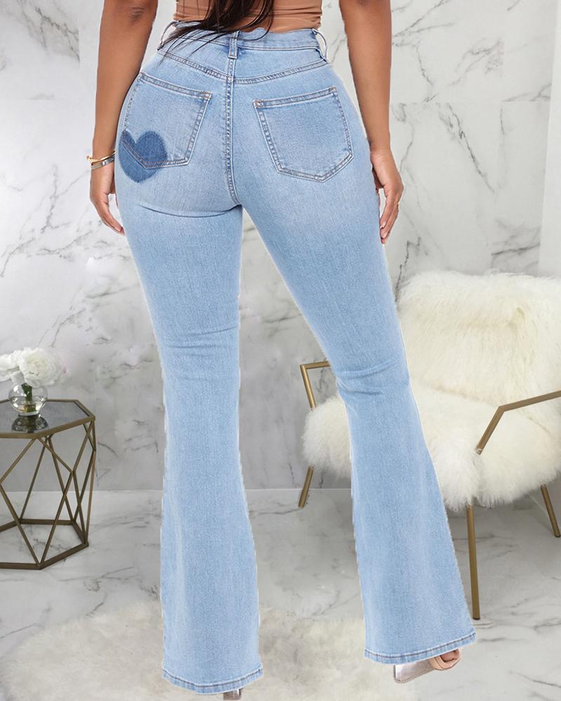 Heart Pattern Spliced High Waist Flare Jeans