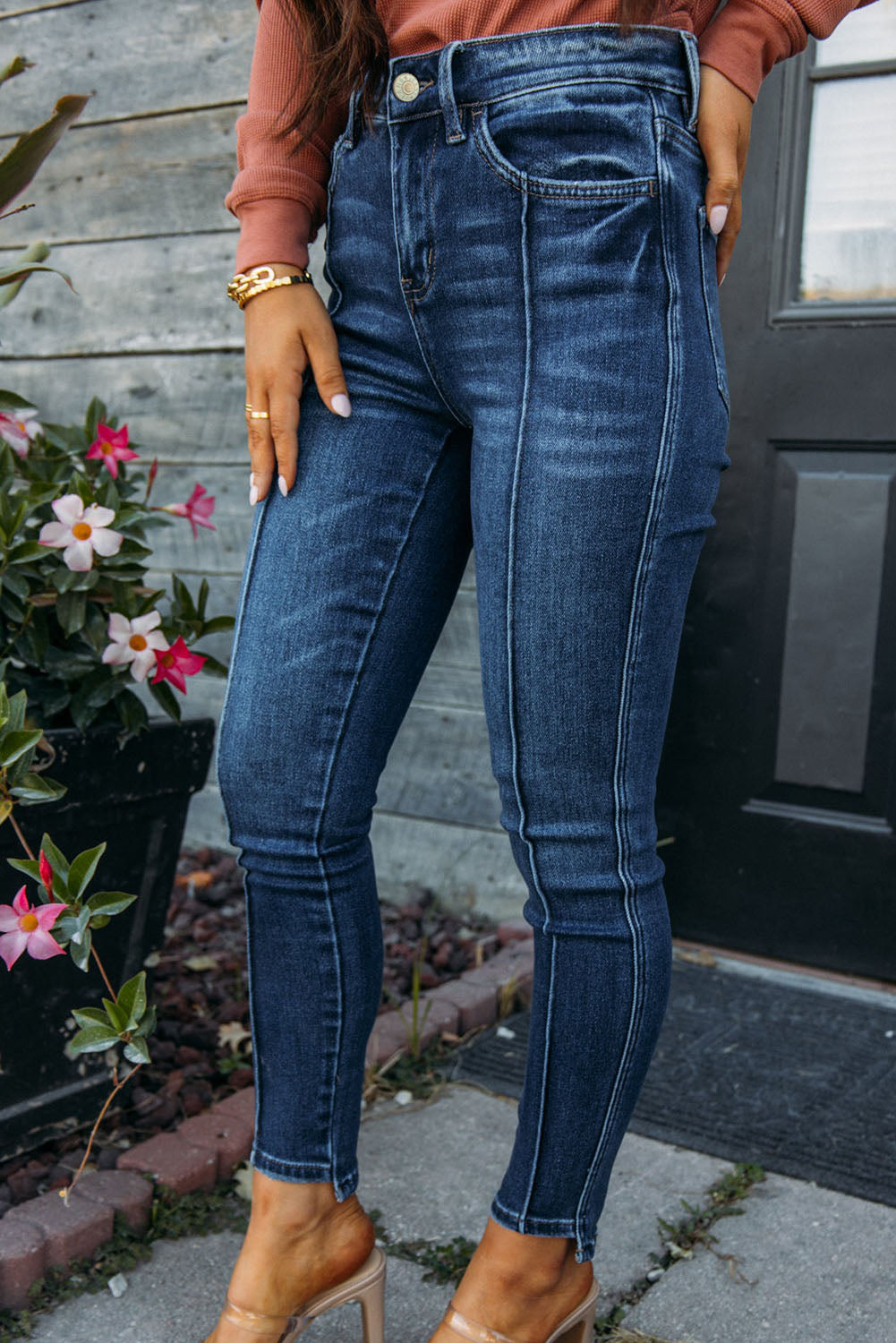 Blaue Skinny Fit Jeans mit hoher Taille und Nähten