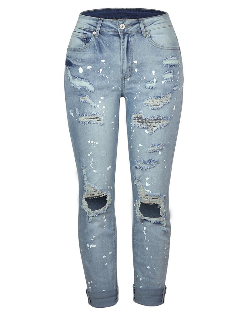 Ripped Distressed Mid Waist Straight Leg Jeans