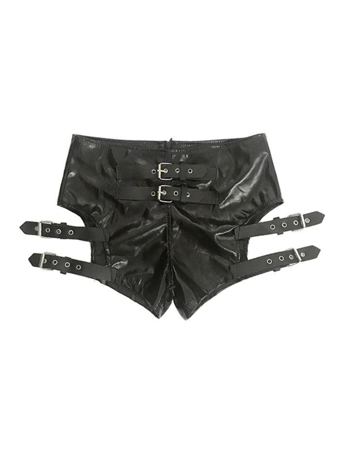 Schwarze Punk-Leder-Hohlshorts mit Schnalle