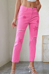 Pink Star Shape Patchwork Mid Waist Straight Leg Jeans