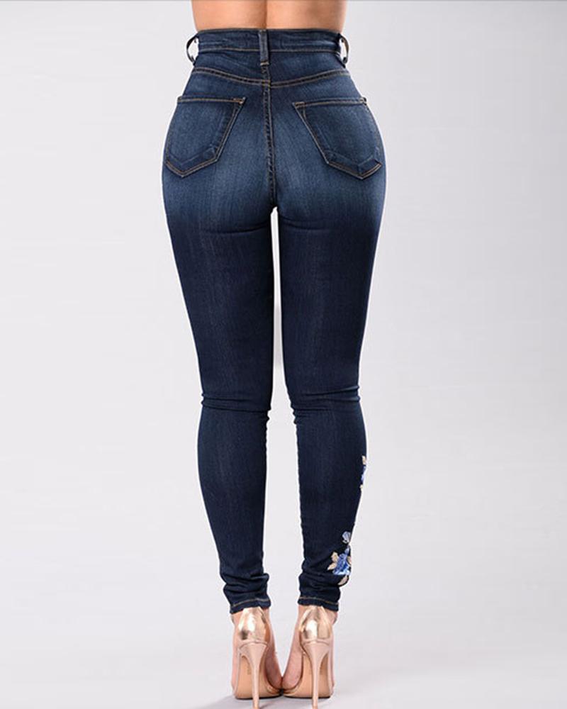 Floral Embroidery High Waist Skinny Jeans