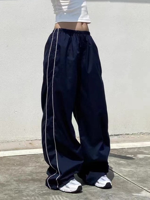 Marineblaue Retro Sport Baggy Pants mit Streifen