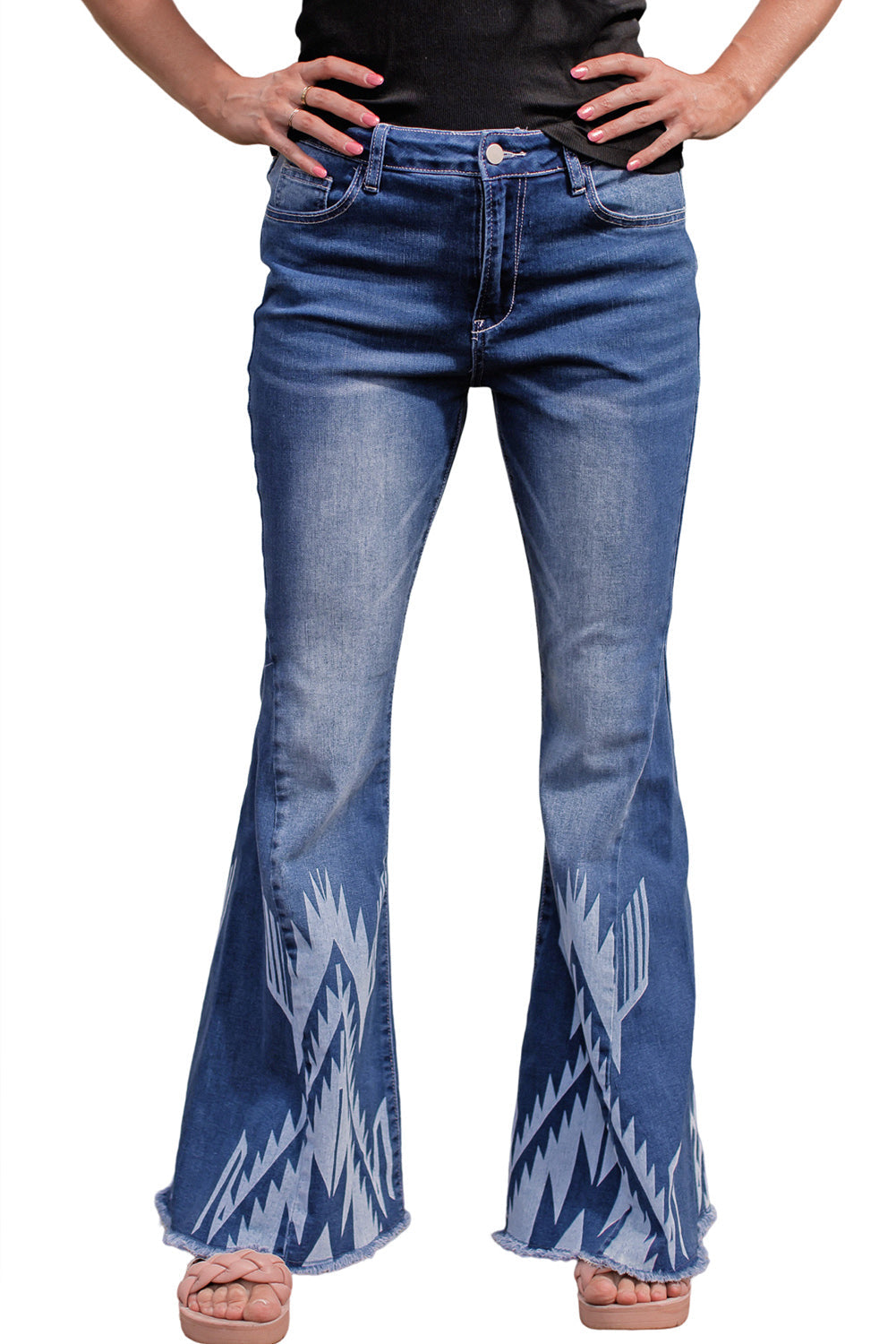 Blue Western Pattern High Rise Flare Jeans