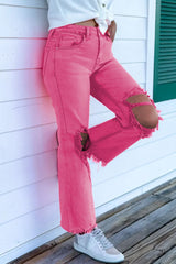 Pink Distressed Holes Raw Edge Cropped Flare Jeans