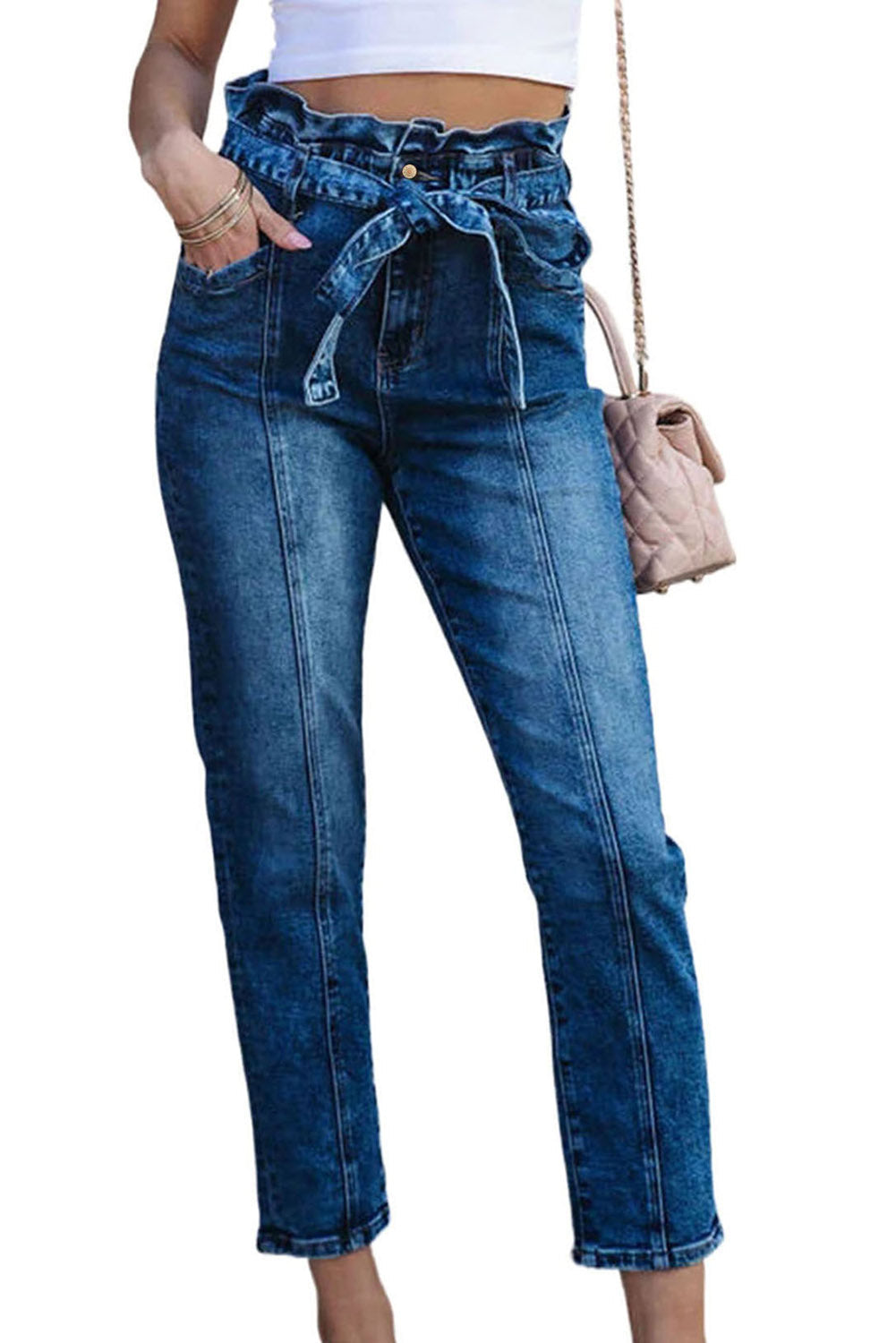 Blaue Skinny Jeans mit hoher Taille und Knoten