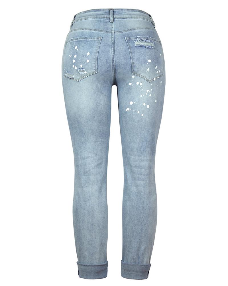 Ripped Distressed Mid Waist Straight Leg Jeans