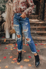 Blaue Vintage Distressed Boyfriend Jeans mit Rissen