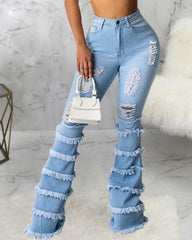 Ripped Raw Edge Layer Trim High Waist Flare Jeans