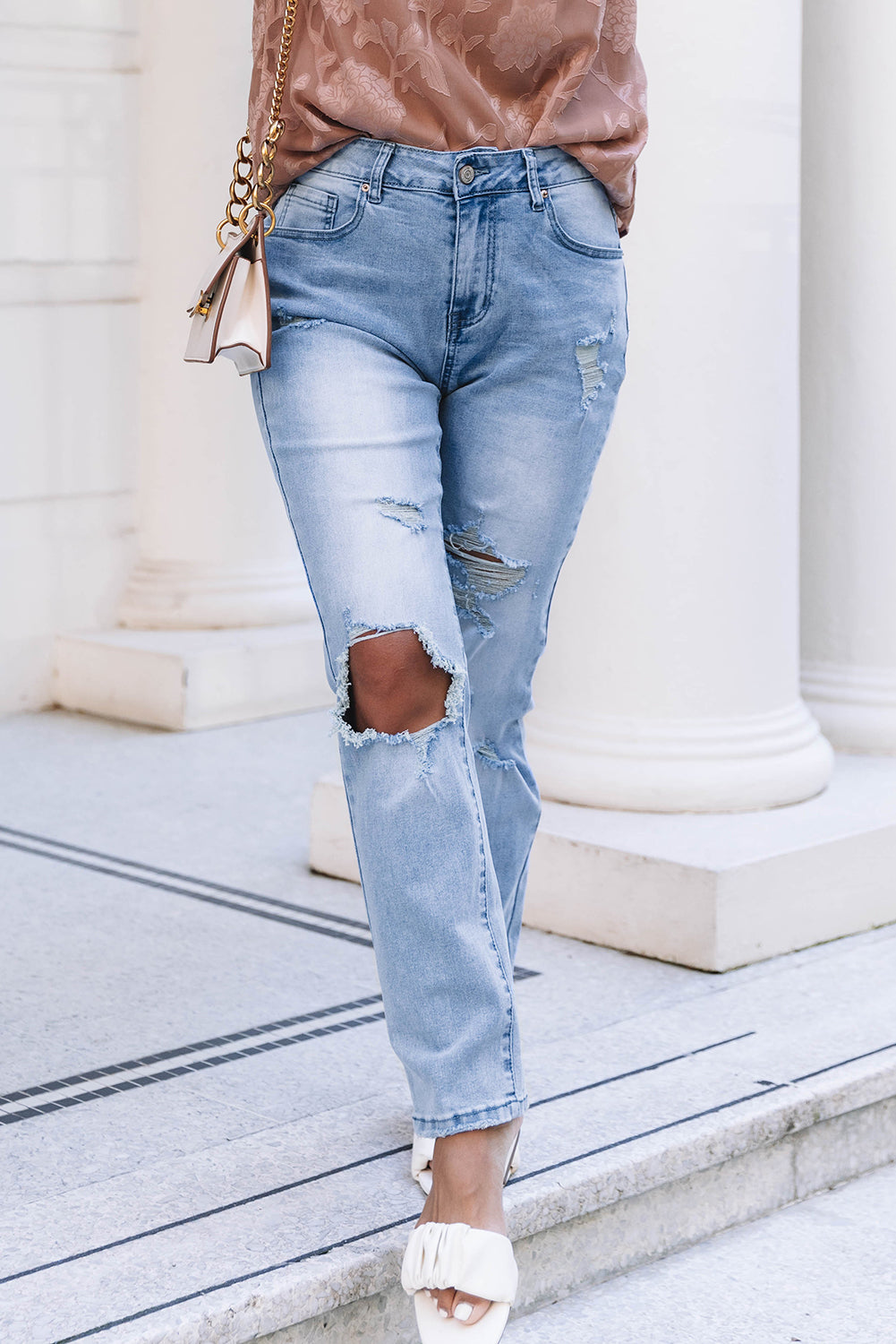 Light Blue Distressed Holes Straight Jeans