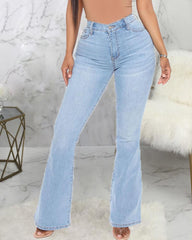 Heart Pattern Spliced High Waist Flare Jeans