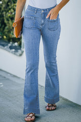 Sky Blue Vintage Casual Pocket Flared Jeans