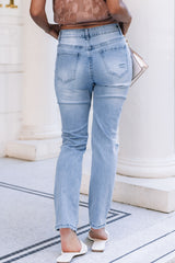 Light Blue Distressed Holes Straight Jeans