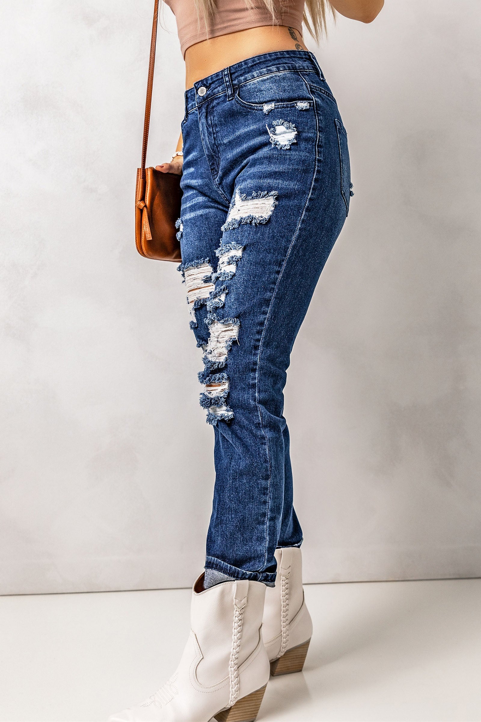 Blaue Skinny Jeans mit hoher Taille und Used-Look