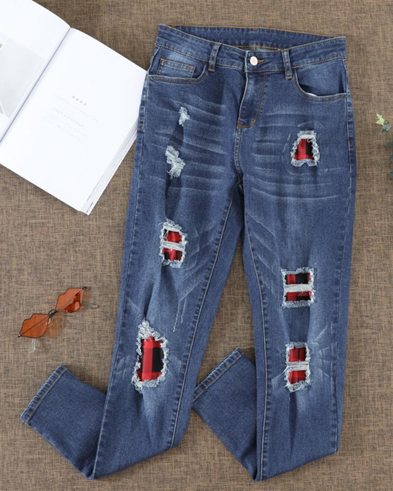 Plaid &amp; Leopard Patch Insert High Waist Crop Jeans