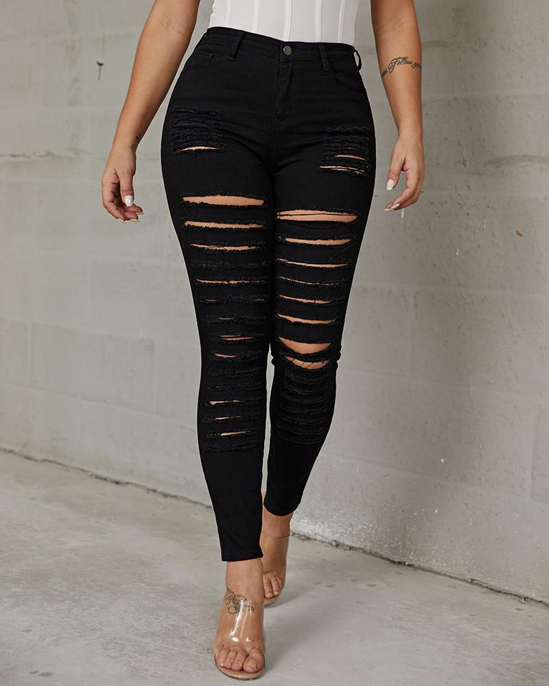 Plus High Waist Ladder Distressed Skinny Jeans