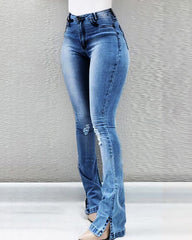 Split Hem Ripped Pocket Detail High Waist Flare Jeans