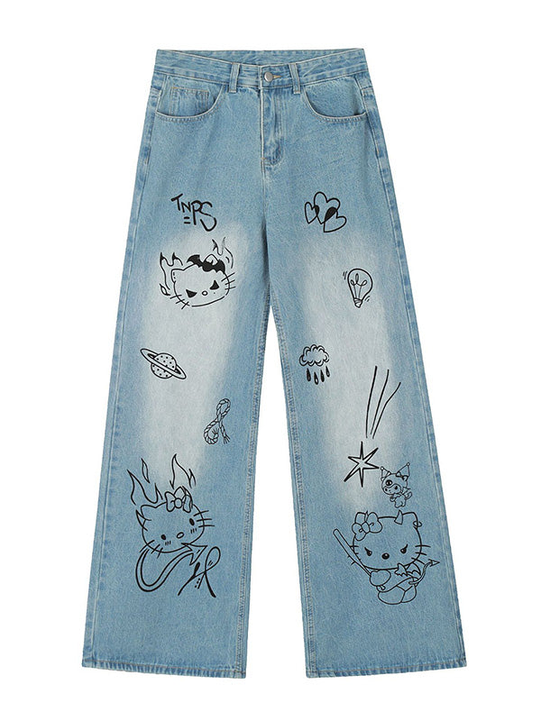 Blaue Retro-Boyfriendjeans mit Cartoon-Print