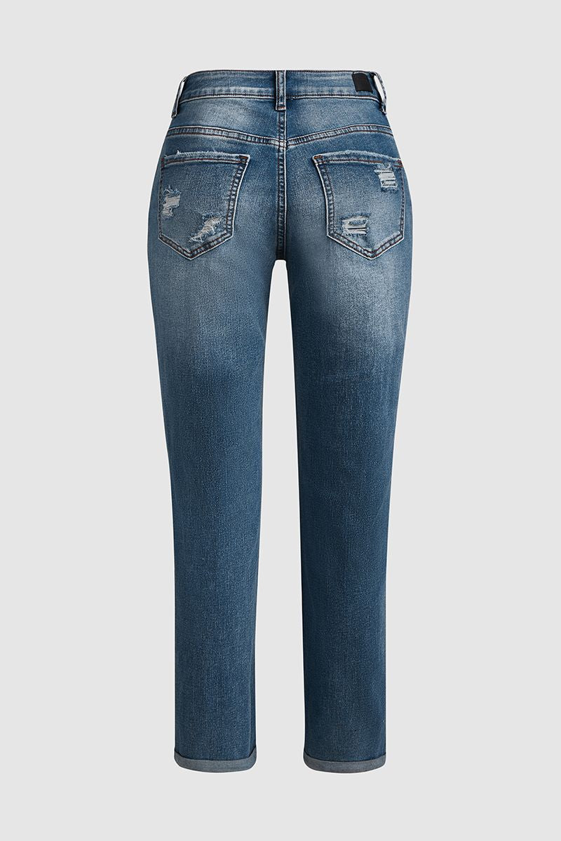 Ladder Distressed Patched Low Waist Jeans