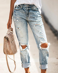 Ripped Distressed Mid Waist Straight Leg Jeans