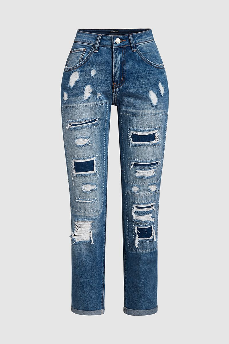 Ladder Distressed Patched Low Waist Jeans