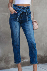 Blue Seamed Stitching High Waist Knot Skinny Jeans