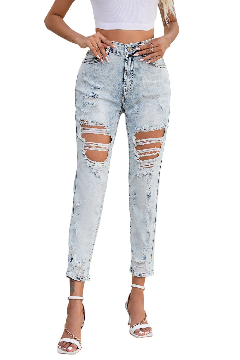 Sky Blue Vintage Washed Heavy Destroyed Skinny Jeans