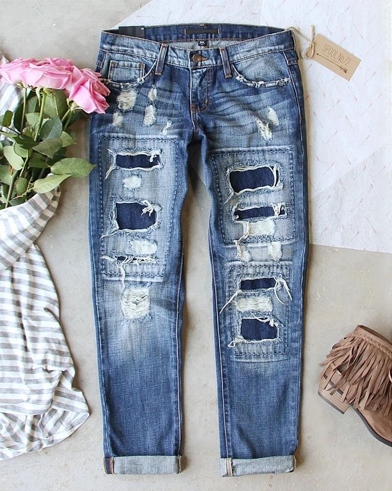 Ladder Distressed Patched Low Waist Jeans