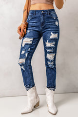 Blaue Skinny Jeans mit hoher Taille und Used-Look