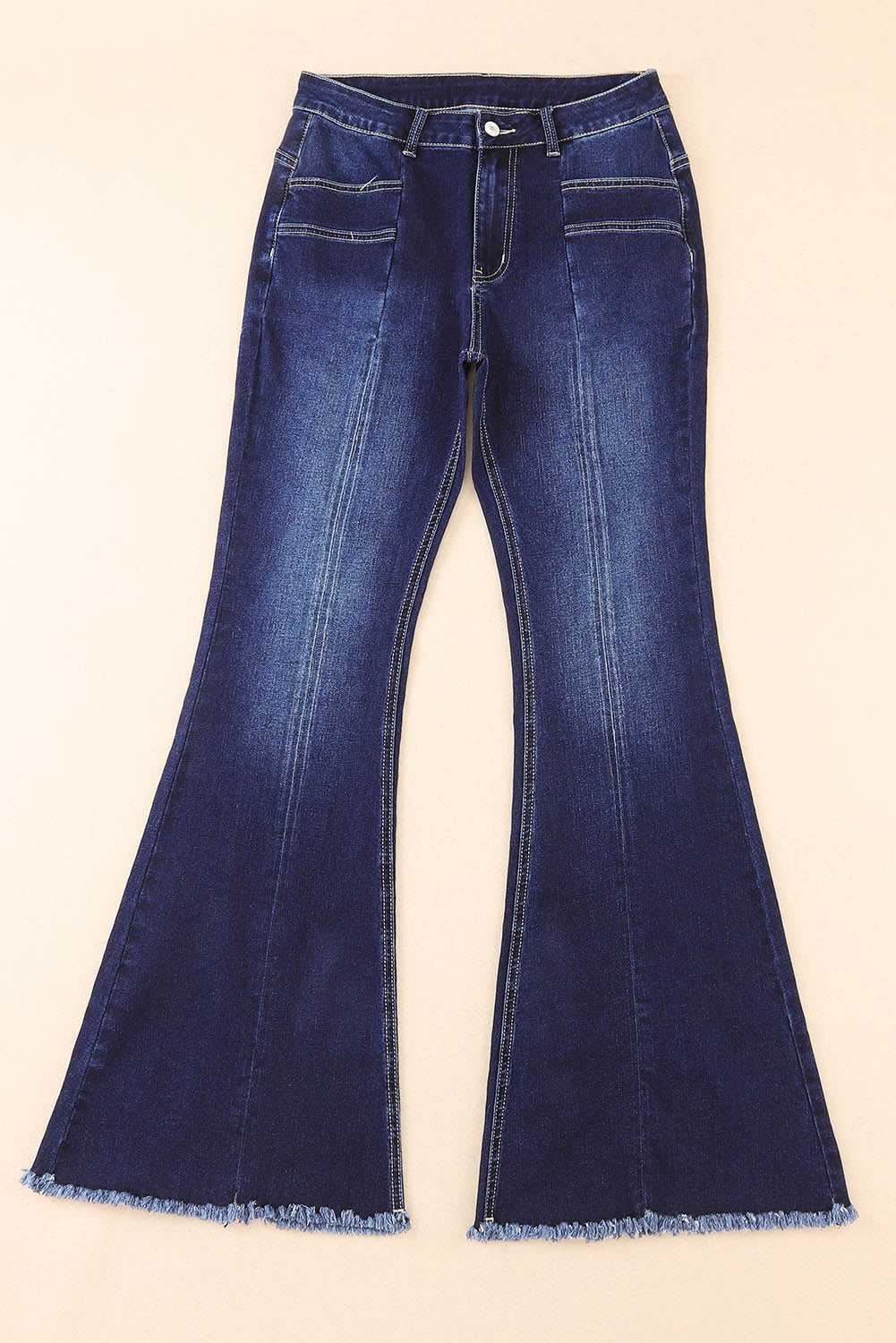 Blue Seamed Raw Hem Flare Jeans