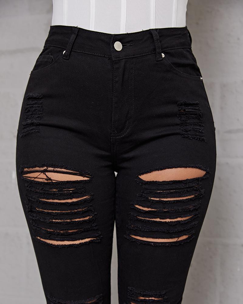 Hollow Out Distressed Skinny Jeans