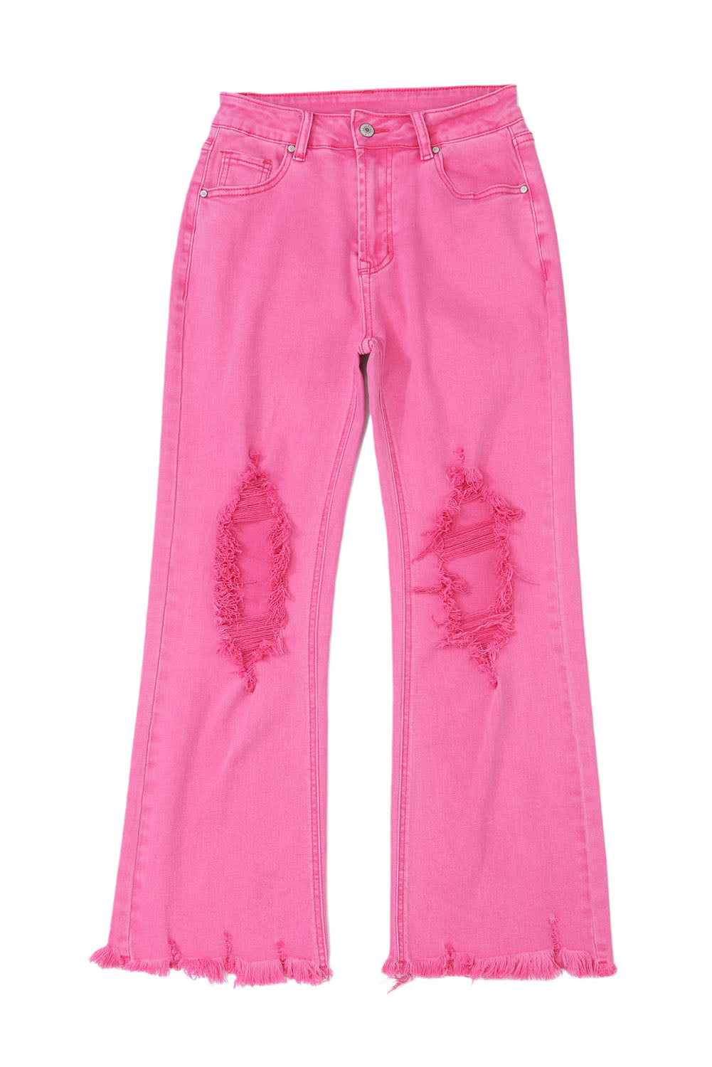 Pink Distressed Holes Raw Edge Cropped Flare Jeans