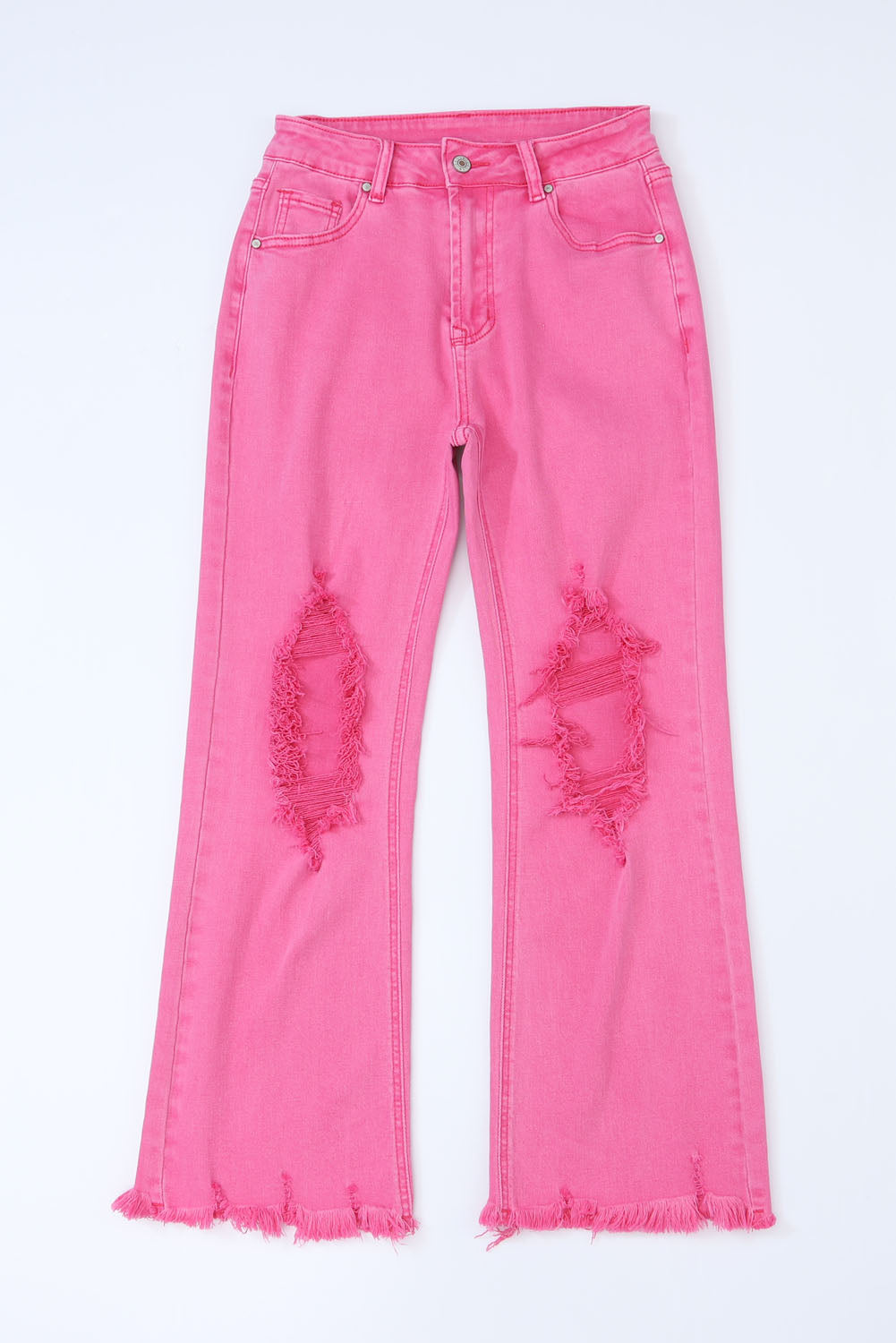 Pink Distressed Holes Raw Edge Cropped Flare Jeans