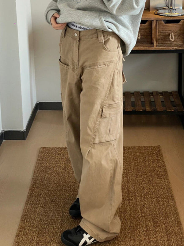 Khakifarbene Vintage-Cargohose mit Taschen