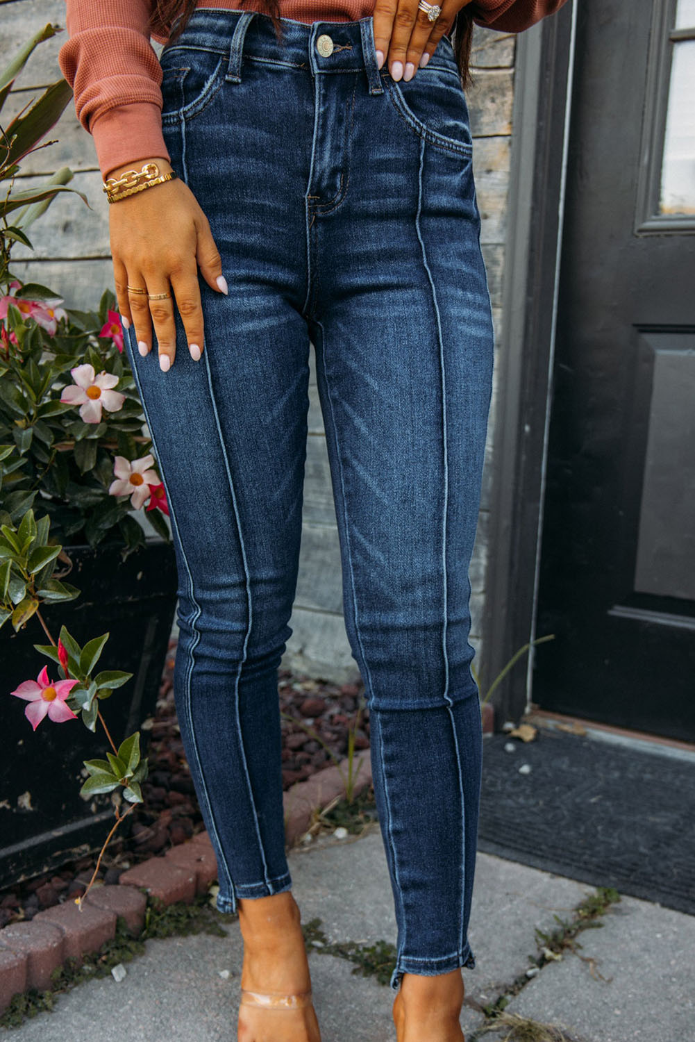 Blaue Skinny Fit Jeans mit hoher Taille und Nähten