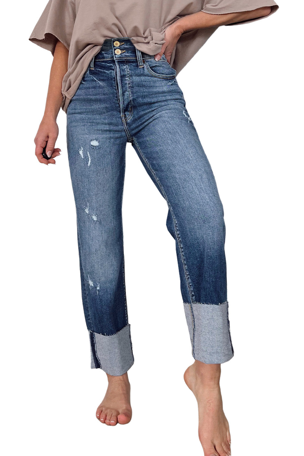 Blaue Jeans mit hoher Taille und geradem Bein im Distressed-Look