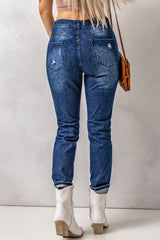 Blaue Skinny Jeans mit hoher Taille und Used-Look