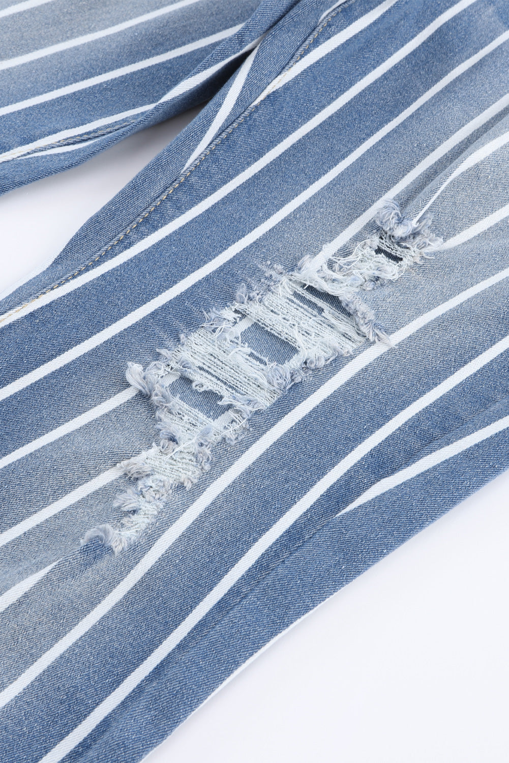 Sky Blue Vertical Striped Ripped Flare Jeans