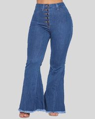 High Waist Raw Hem Button Front Flare Jeans