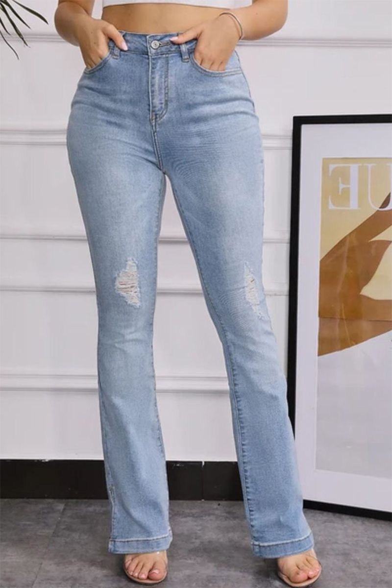 Split Hem Ripped Pocket Detail High Waist Flare Jeans