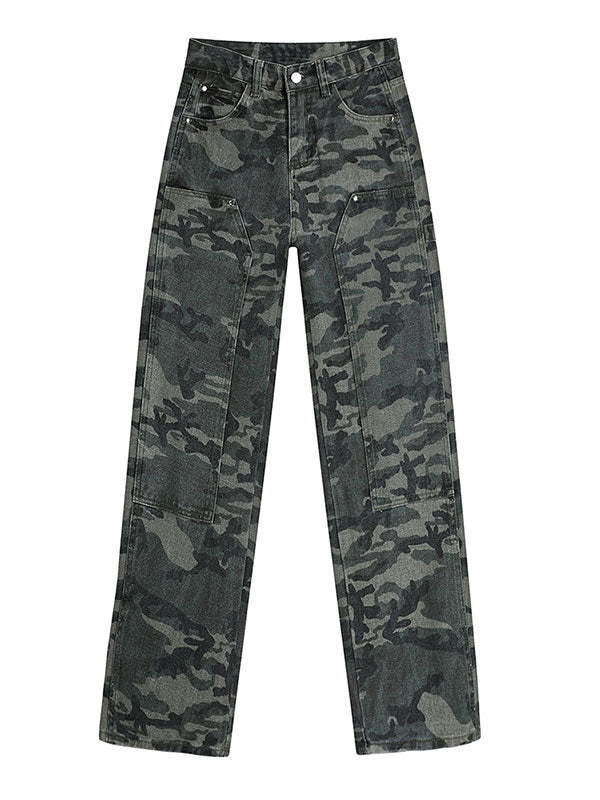 Grüne, gewaschene Cargo-Jeans mit Camouflage-Muster