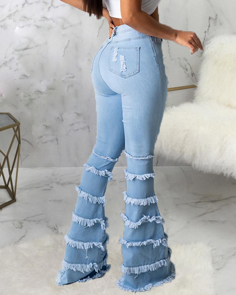 Ripped Raw Edge Layer Trim High Waist Flare Jeans