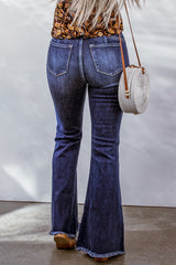 Blue Seamed Raw Hem Flare Jeans